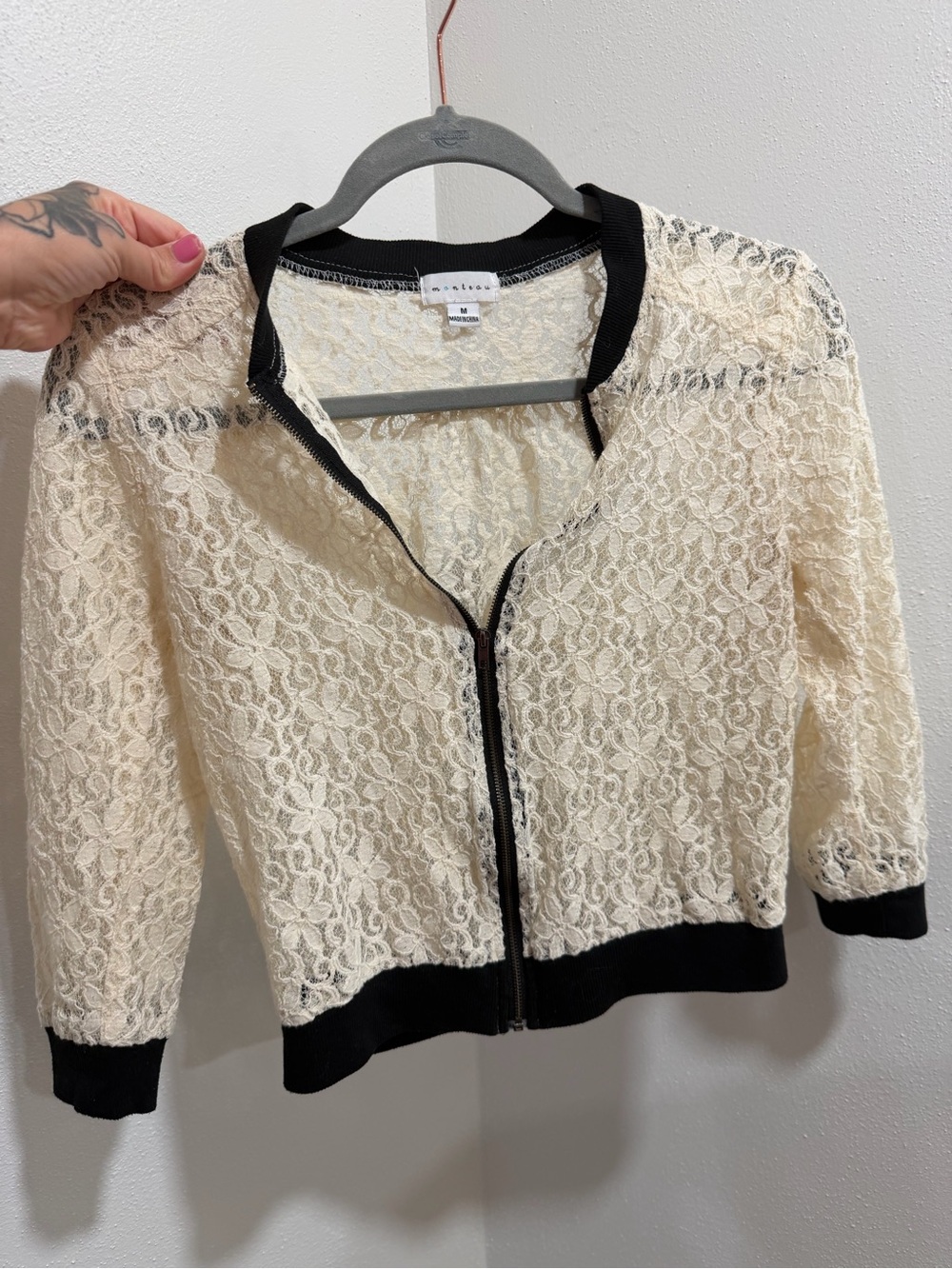 Monteau Cream Lace Top with Black Trim